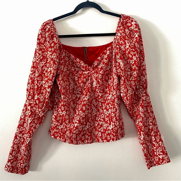 Anthropologie Red/white floral romantic Sweetheart Smock Bodice Sleeve Top sizeL - Picture 4 of 7